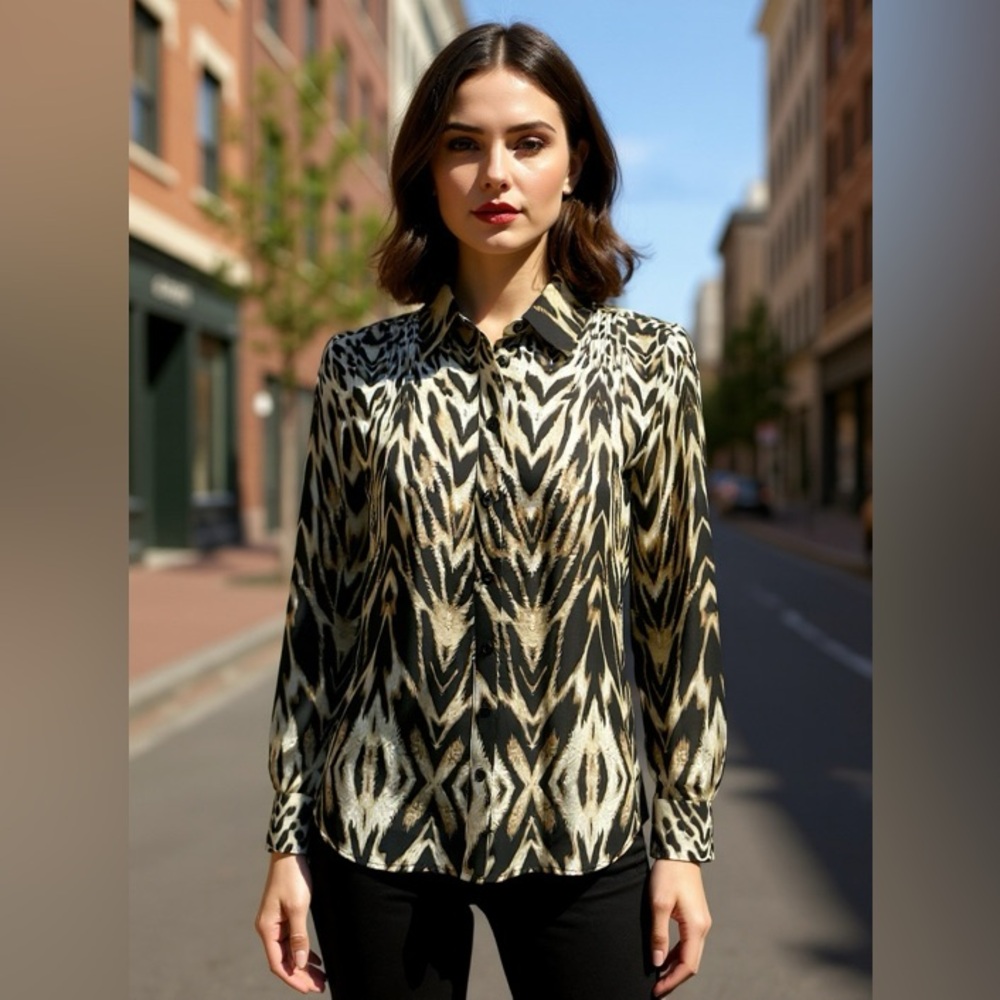 ECI brown tan animal print button down shirt long sleeve size 4 chiffon blouse